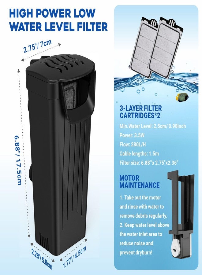 GOZILLA Turtle Tank Filter 74GPH, Low Water Level Turtle Tank 3.5W Fish Tank Aquarium Filters for Small Tanks up to 15 Gallons Include 2 Replacement Cartridge.(Black) - Image 2